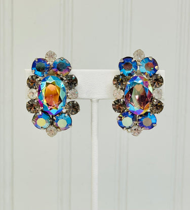 Large AB Rhinestone 1960s Silver Tone Clip Earrings Jewelry Bloomers and Frocks